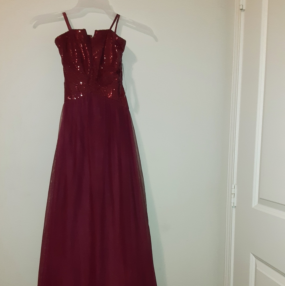 Maroon formal dress.